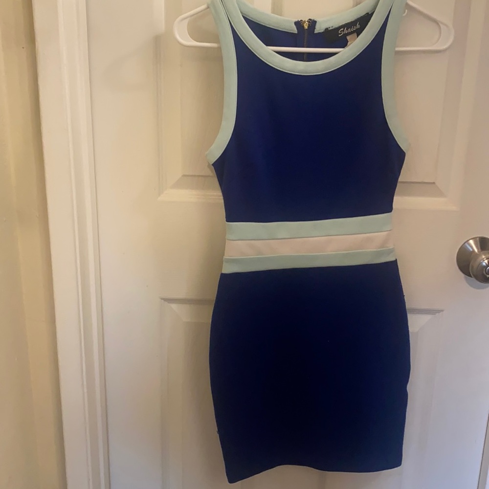 Dark blue midi dress. Thick straps. Perfect for work or cocktail hour